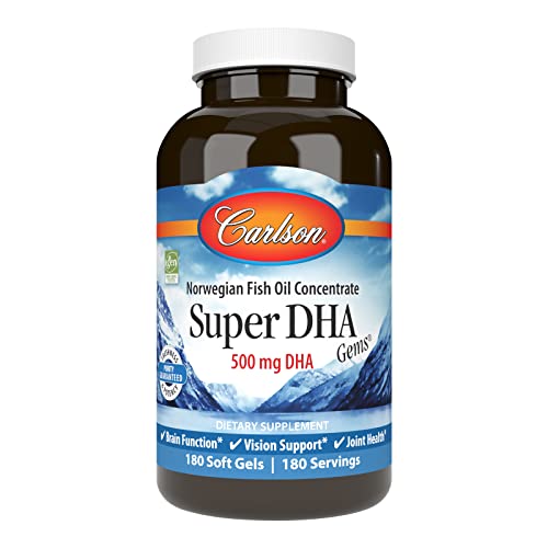 Carlson - Super DHA Gems, 500 mg DHA Supplements, 640 mg Fatty Acids, Wild-Caught Norwegian Arctic Omega 3 Fish Oil Supplement, Sustainably Sourced Fish Oil Capsules, 180 Softgels