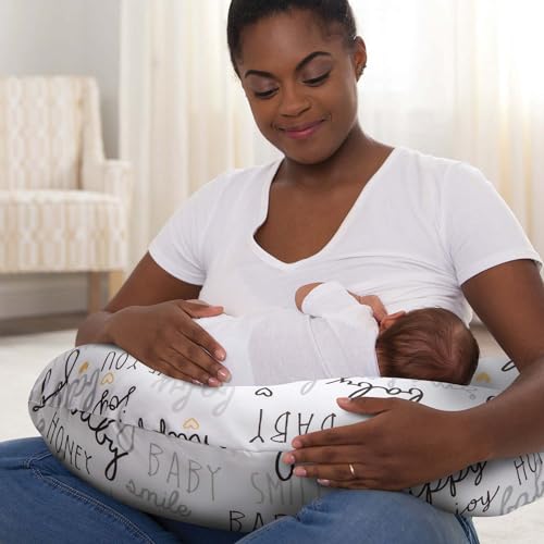 Boppy Nursing Pillow Original Support, Black White Gold Baby Love, Ergonomic Nursing Essentials for Bottle and Breastfeeding, Firm Fiber Fill, with Removable Nursing Pillow Cover, Machine Washable