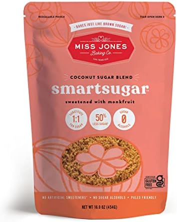 Miss Jones Baking SmartSugar - Coconut Sugar & Brown Sugar Blend Sweetened with Monkfruit - 1:1 Sugar Substitute, 50% Less Sugar (Pack of 1)