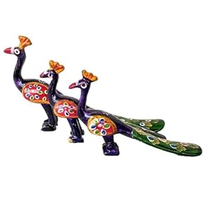 Rajasthani Handcrafted Decorative Wooden Hand-Painted Peacock Showpiece Figurine for Home, Office, and Table Decor – Set of 3 (Blue, Green)
