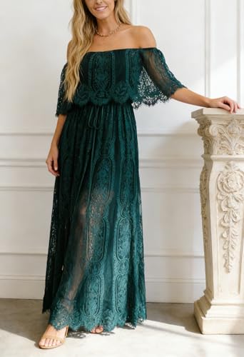 Image of HOYISHION Women's Off The Shoulder Floral Lace Maxi Dress White Bridesmaid Wedding Party Maternity Photoshoot Long Dresses