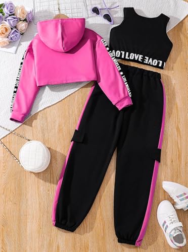 Image of Hilinker Girls Graphic 3 Piece Outfits Workout Hoodie Crop Tank and Sweatpants Set