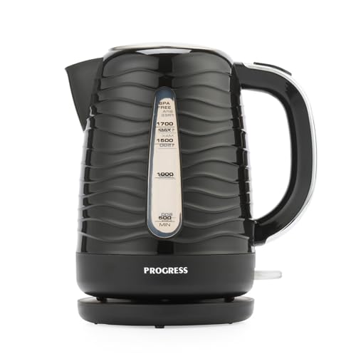 PROGRESS - Progress Wave Textured 1.7L Kettle – Auto Shut-Off, Boil-Dry Sensor, BPA-Free, Otter Controller, Anti Limescale Filter, 360° Base, Water Level Indicator, Stylish Black Finish, 2200W, EK6088PBLK
