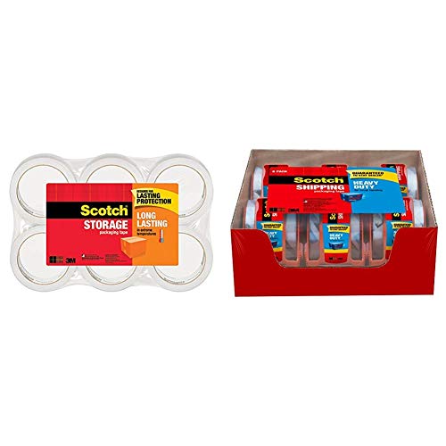 Scotch Long Lasting Storage Packaging Tape, 1.88 Inches x 54.6 Yards, 6 Rolls (3650-6) & Heavy Duty Shipping Packaging Tape, 6 Rolls with Dispenser, 1.88