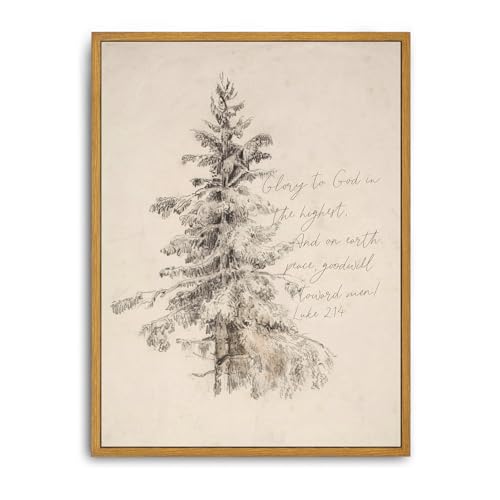 Roslynity Stampa artistica da parete su tela con cornice, stampa vintage, albero di Natale, scrittura, dipinti Pace sulla terra Luca 2:14, pino invernale con versi biblici cristiani retrò per casa,