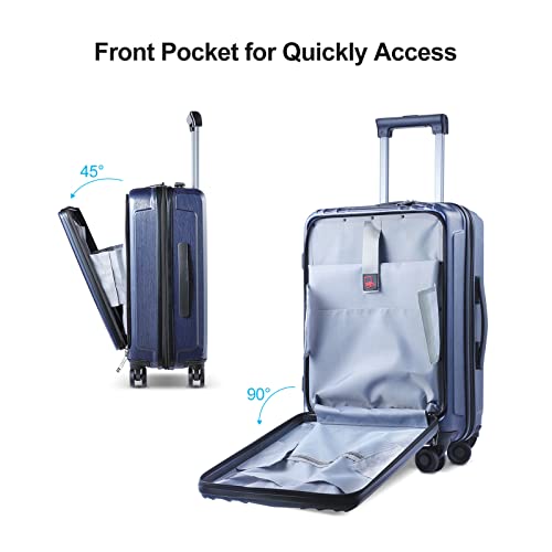 Tydeckare 21 Inch Carry On 22X14X9 With Front Pocket, Lightweight Abs+Pc Hardshell Suitcase With Dual Control Tsa Lock, Aluminum Alloy Trolley, Ykk Zipper, 4 Spinner Silent Wheels, Dark Blue #TOP1