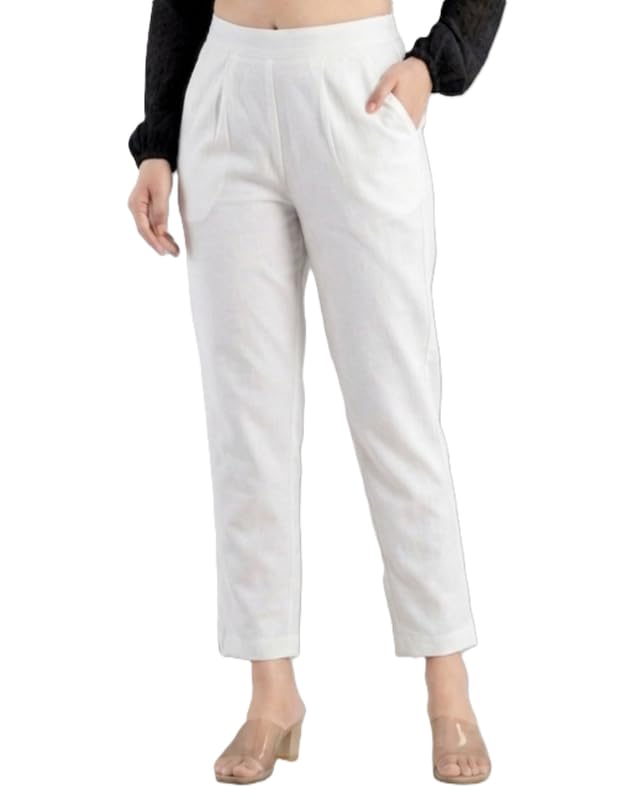 Image of Solid Cotton Woman Trousers Pants Regular Fit Kurti Pant with Drawstring Daily Office Formal Casual Use