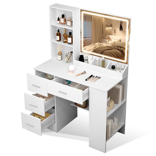 Vescence Tocador con Espejo Grande luz LED, Tocadores Maquillaje 3 en 1 con Espejo Mesita de Noche, 4 Cajones, Armario Lateral de 2 Niveles, Grande