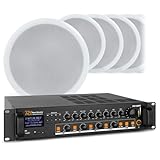 Sistema de Sonido 100V 4 Zonas con 8 Altavoces de Techo y Cableado Amplificador con Bluetooth Radio USB SD Ideal para Comercios Oficinas Hostelería Tiendas |