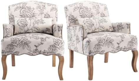 Shunzhi Linen Armchairs Set of 2 Mid Century Modern Accent Chairs Retro Upholstered Vintage Floral Side Chairs Wood Comfy Reading Chairs Farmhouse Oversize Chairs for Living Room/Bedroom, Beige