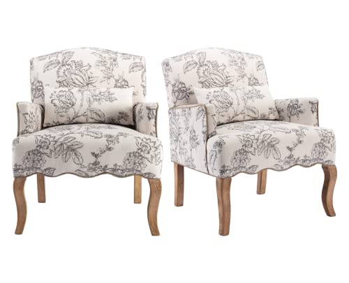Shunzhi Linen Armchairs Set Of 2 Mid Century Modern Accent Chairs Retro Upholstered Vintage Floral Side Chairs Wood Comfy Reading Chairs Farmhouse Oversize Chairs For Living Room/Bedroom, Beige #TOP12
