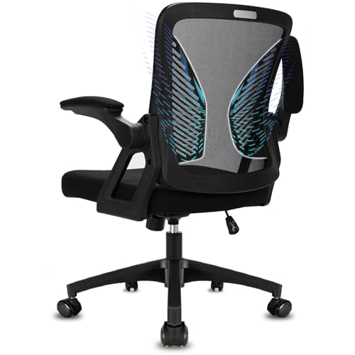 Durrafy Ergonomic Office Chair, Desk Chair with 90° Flip-up Armrests, Lumbar Support & Height Adjustable, Breathable Swivel Computer Chair with Tilt Function, Mid-Back Mesh Chair For Home/Office