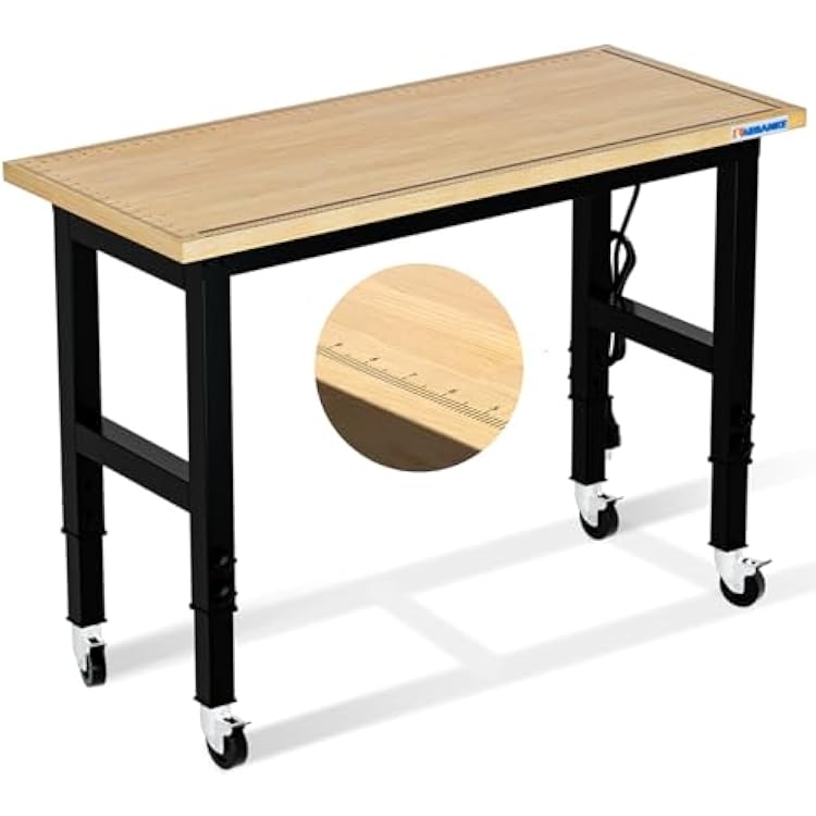 LARBANKE Adjustable 48 Workbench,Multiple Height Adjustments Workstation,Workbench with Scale,Power Plate and Wheels,for Home,Garage,Office,Holds up to 2000 Lbs