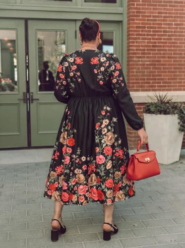 Image of TIYOMI Womens Plus Size Dresses Fall Long Sleeve Maxi Dresses V Neck Floral Spring Party Dress with Pockets XL-5XL (14W-28W)
