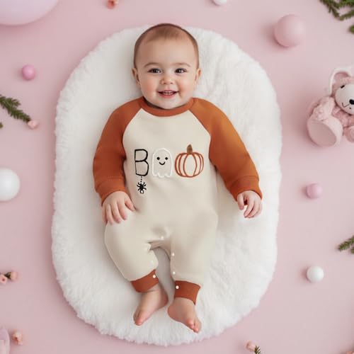 Bagilaanoe Newborn Baby Boy Halloween Outfit Pumpkin Boo Embroidery Long Sleeve Romper One Piece Jumpsuit Clothes3