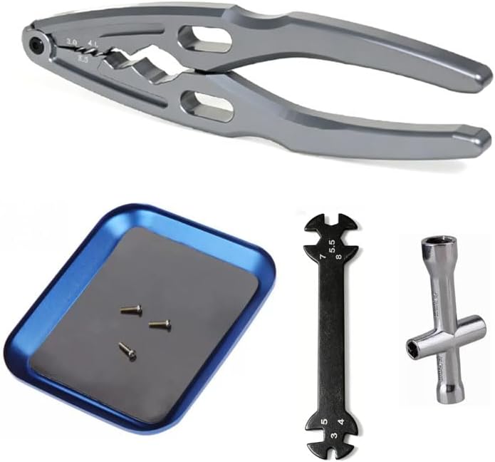 RC Car Repair Tools: Shock Pliers, Repair Pliers, Tie Rod Ball Joint Removal Tool, Repair Screwdriver Set, Small Phillips Socket, Tie Rod Adjustment Wrench, (Gray) (4-Piece Set)