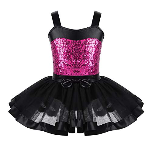TiaoBug Kids Girl's Sequin Dance Dress Sleeveless Ballet Dancing Tutu Ruffled Mesh Skirted Ballroom Party Performance Costume (Black&Rose Red, 7-8)