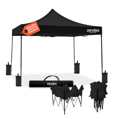 Zendea - Gazebo Nero 3x3 Pieghevole Impermeabile con Struttura Rinforzata
