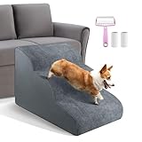 Dog Stairs 3 Steps for Small Dogs Cats Grey, Dog Steps Pet Ramp Ladder for Sofa Bed Non-Slip Foam with Removable Washable Cover, Send Lint Sticky Roller Set