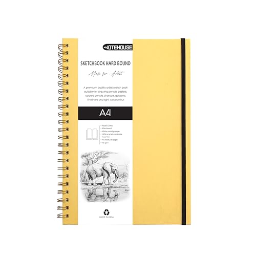 Notehouse A4 Spiral Professional Art Notebook (30x21 cm) | 80 White Unruled Pages | Thick Smooth Drawing Paper | Yellow Hard Cover
