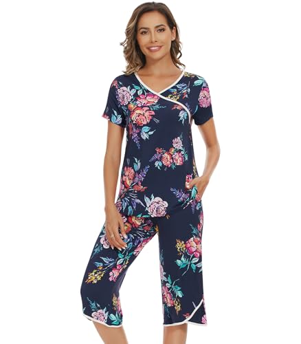 Image of NACHILA Bamboo Viscose Pajamas for Women Lace V Neck Capri Pants Pjs Set