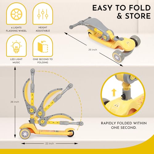 Image of Foldable 3 Wheel Kids Scooter with Seat | 4-Level Adjustable Handlebar | PU LED Wheels | Light & Music | 2 in 1 Skate Cycle Scooter for Boys & Girls 3-10 Years (KS-113 Yellow /Grey)