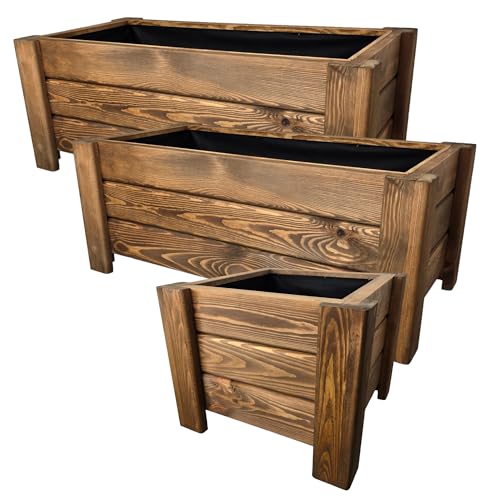HolzGarden Set 3 Stück Pflanzkübel Holz 2X 80x32x40 cm + 40x32x40 cm Imprägniert Farbe Teak Wetterfest Blumenkasten Blumentopf Groß Außen Balkon Garten Pflanzkasten Outdoor Serie Flora