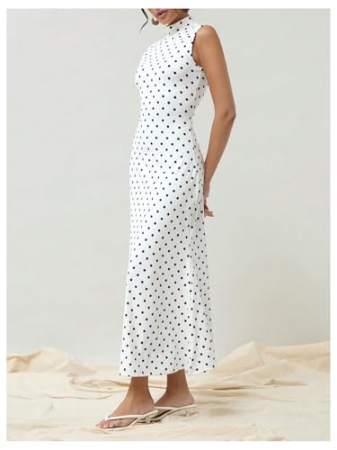 Image of Milumia Women's Polka Dots Maxi Tank Dress Vintage Mock Neck Sleeveless Elegant Long Dresses