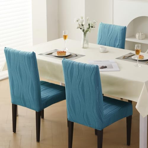Image of HOKIPO 200 GSM Premium Knitting Jacquard Elastic Dining Table Chair Cover Set of 1, 'Nestiva Series' Sea Blue (AR-6072-BL)