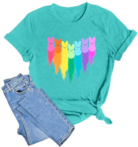 Image of Women Happy Easter T Shirt Bunny Rabbit Graphic T-Shirt Funny Letter Printed Shirts Short Sleeve Tops