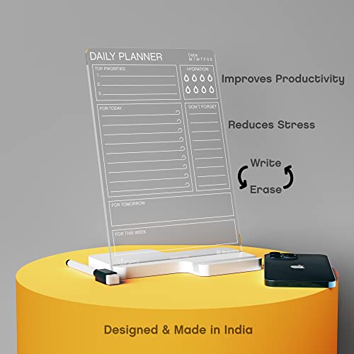 Image of 3 Lines Clarity+ 'Daily Planner Top Priorities' Acrylic Board for Desk (24x16 CM)| Best Planner & Organizer | White Acrylic Base With Slot for Phone| With 2 Markers & Cleaning Fabric |Regular Size