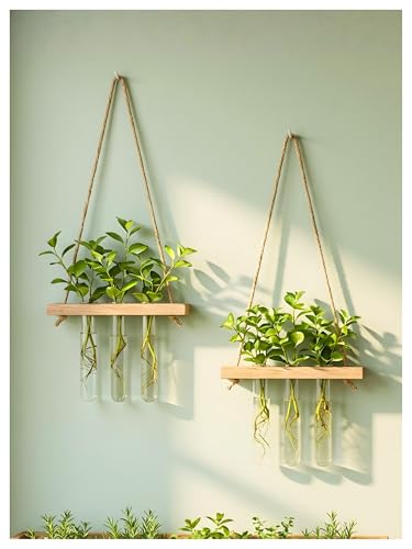 Image of Hanging Planter Set of 2 with Wooden Holder & Rope | 6 Test Tube Hanging Plant Indoor Stand | Wooden Planter for Home Decor, Living Room, Balcony & Office Decoration