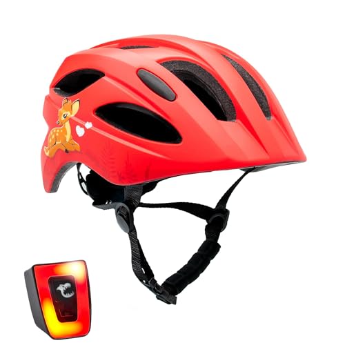 Crazy Safety Casco Bicicleta Niños | Casco para Niño de 6-12 Años Casco de Skate, Ciclismo, MTB, Patines, monopatín | Luz Trasera Recargable USB | Casco Ajustable 54-58 cm (Rojo Ciervo)