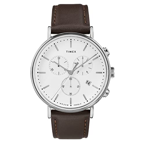 Timex Men's Fairfield Chrono 41mm Watch – Silver-Tone & White with Brown Genuine Leather Strap