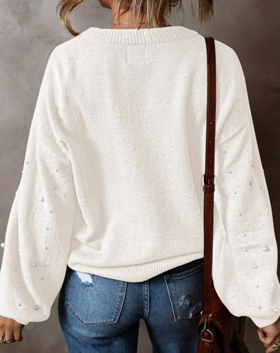 Pink Queen Pearl Sweater for Women 2025 Fashion Fall Winter Chunky Crewneck Lantern Sleeve Loose Knit Pullover Sweaters Top2