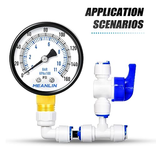 Image of MEANLIN MEASURE 0-160Psi Well Pump Pressure Gauge 1 /4 inch NPT 2 inch FACE DIAL for Air Compressor RV Regulator Water Pressure Tester Lower Mount, with Teflon Tape