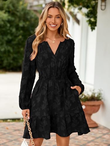 Image of BerryGo Womens Long Sleeve Mini Dress Casual A Line Flowy Loose Vacation Party Babydoll Fall Short Dresses with Pocket
