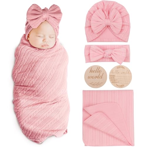 Image of AQOKKA Newborn Receiving Blanket with Bow Hat Headband Wooden Card Set Wheat-Pattern Newborns Toddler Baby Boy Girl Nursery Swaddle Wrap