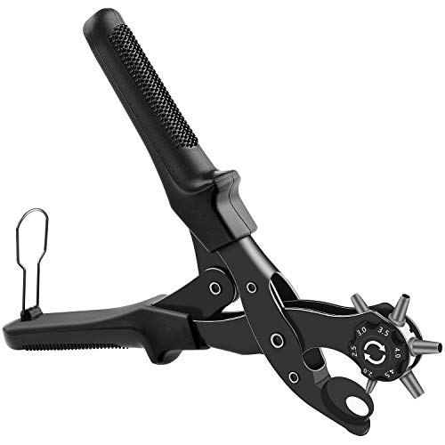 Leather Hole Punch, [Upgraded Version][Perfect Full Set] Diyife Belt Puncher, Heavy Duty Revolving Plier Tool with 3 Extra Plates Ruler Grinding Rod, Multi Sized for Crafts, Card, Rubber (Black)