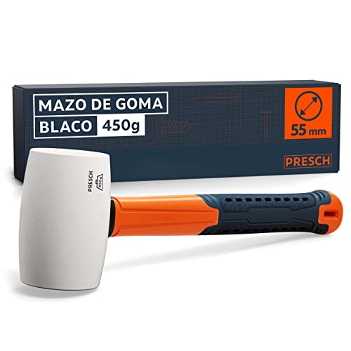 Presch Mazo de goma blanco 450g - Martillo de goma dura con mango de fibra de vidrio - ⌀=55mm - El caucho natural blanco evita las rayas en las superficies claras - Martillo Goma 450g Cover