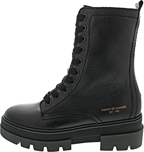 Tommy Hilfiger Boots Leder Logo Schnürer Reißverschluss Uni schwarz...