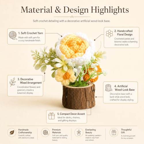 Image of Handmade Crochet Flower with Real Wood Base, 12 cm Yellow White & Green Artificial Knitted Rose Bouquet for Home Office Table Shelf Desk Decor, Bedroom Living Room Gift Decoration