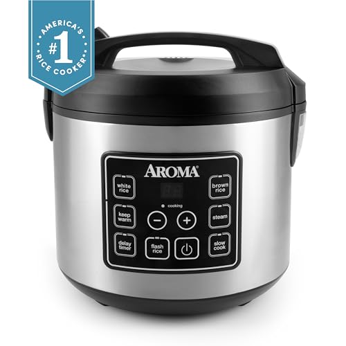 Image of Aroma Housewares 20 Cup Cooked (10 cup uncooked) Digital Rice Cooker, Slow Cooker, Food Steamer, SS Exterior (ARC-150SB),Black