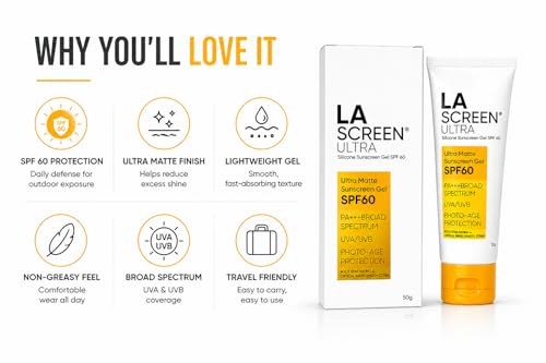 Image of LA Screen Ultra Matte Sunscreen Gel SPF 60 | PA+++ Broad Spectrum UVA /UVB Protection | Silicone-Based Lightweight Oil-Free Formula | Non-Greasy, Sweat-Resistant Sunblock for Oily & Acne-Prone Skin | Photo-Age Protection | 50g