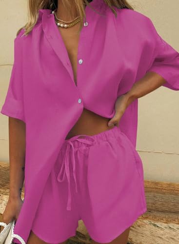 Image of Fixmatti Women 2 Piece Outfits Long Sleeve Button Down Blouse and Shorts Sweatsuit Sets