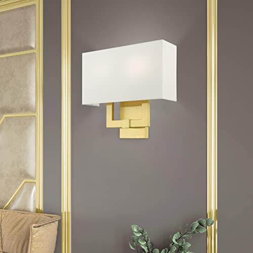 Image of Livex Lighting 51103-12 Meridian Collection ADA 2-Light Wall Sconce Light with Off-White Hardback Fabric Shade, Satin Brass, 13 x 12.5