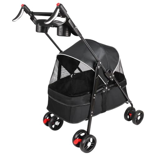 Animaux Voyage Poussette pour Chien 25 Kg avec Sac de Rangement, Housse de Pluie et Porte-gobelet - Pet Stroller Buggy 50*70*95cm Noir