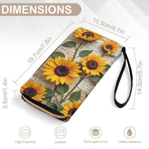 Womens Wallet, Waterproof PU Leather Wallet, Large Capacity Credit Card Holder Sunflower Coin Zipper Clutch Purse2