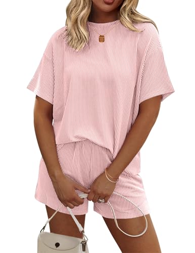 Ekouaer Womens Pajama Sets Short Sleeve Lounge Sets 2 Piece Pjs Tops and Shorts Outfits Matching Loungewear with Pockets Light Pink