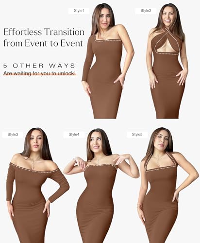 Image of Popilush Long Sleeve Formal Dress with Built in Shapewear Bra Maxi Dress